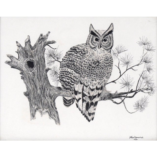 Great Horned Owl Sitting on a Branch - Illustration in Ink on Cardstock Detailed illustration of an owl by M. Kochmaruk...