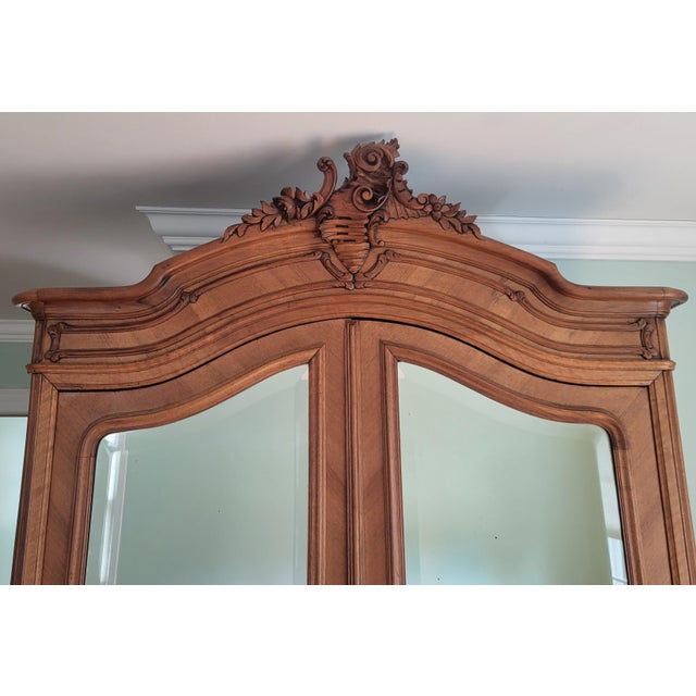 Antique French Louis XV Style Carved Walnut Double Mirror Door Armoire Wardrobe For Sale - Image 10 of 18