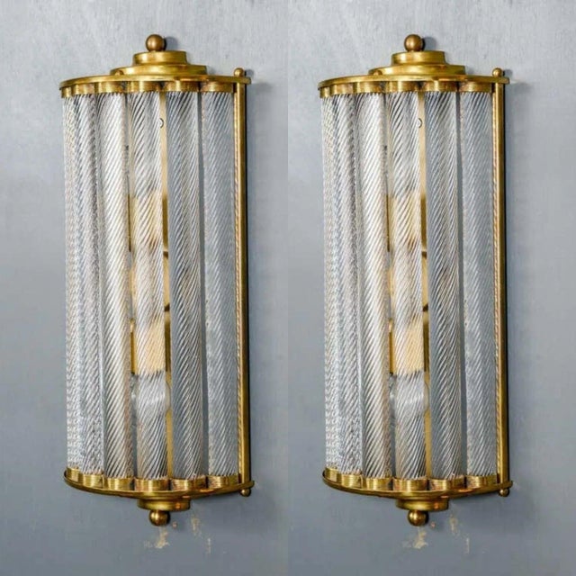 Vintage Art Deco Light Old Lamp Wall Sconces Fixture Brass & Ribbed Glass Rod Ship Light - a Pair For Sale - Image 4 of 4