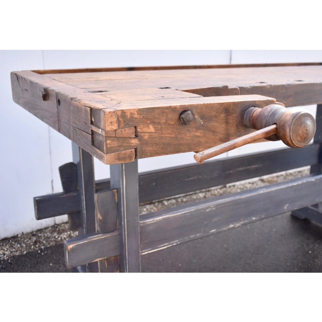 Wood Oak Trestle-Base Carpenter's and Joiner's Workbench, Circa 1910 For Sale - Image 7 of 12