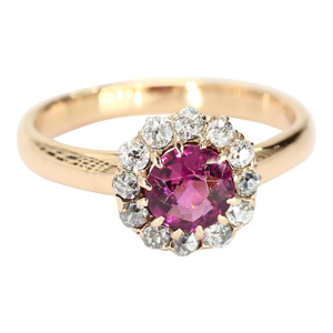 18k Yellow Gold Ring With Rhodolite Garnet Center and Diamond Halo - Size 6.75