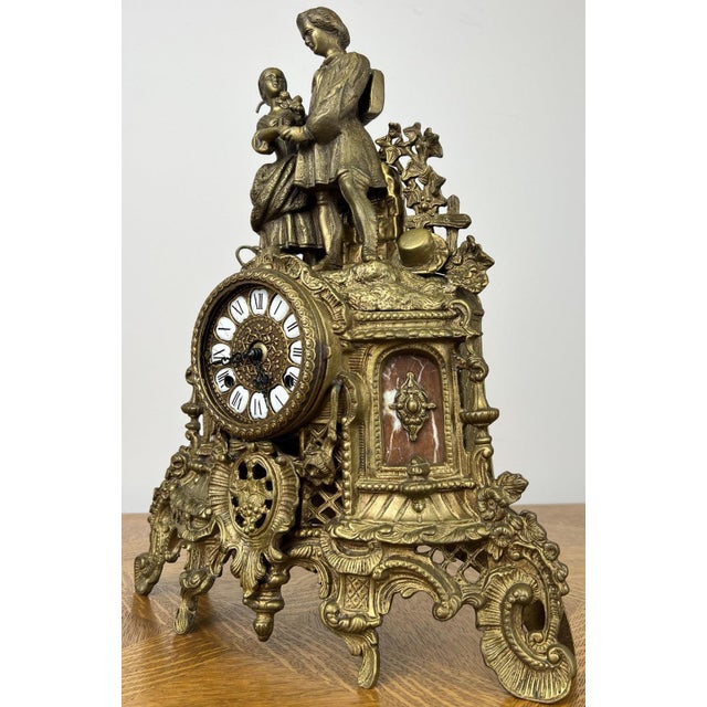 Vintage Brass Figurine Mantel Clock For Sale - Image 3 of 18