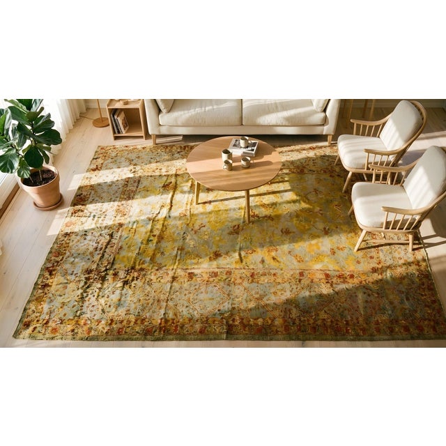 Elegant Sky-Blue Color & Nice Geometric Design Antique Turkish Angora Oushak Rug For Sale - Image 14 of 15