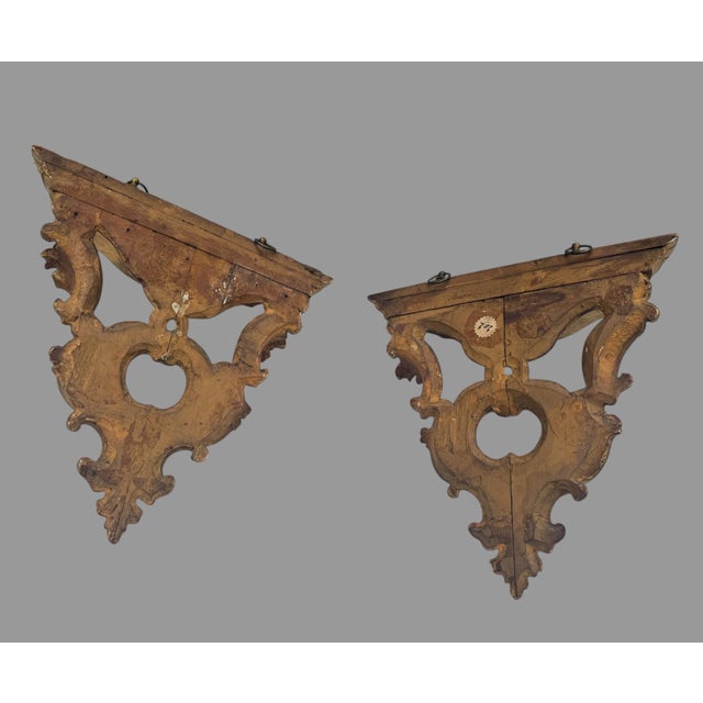 Wood Antique Pair Carved Giltwood Rococo Wall Bracket Shelves Italian Style 11” For Sale - Image 7 of 12