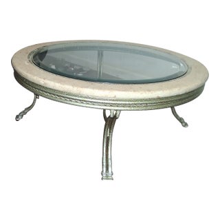 Maitland Smith Style Round Stone & Beveled Glass Coffee Table W/Burnished Silver Legs For Sale