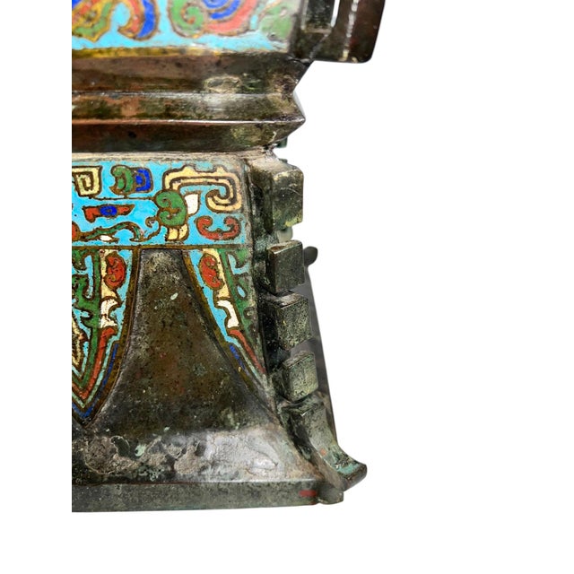 Heavy Chinese Bronze Cloisonné Urn For Sale - Image 9 of 9