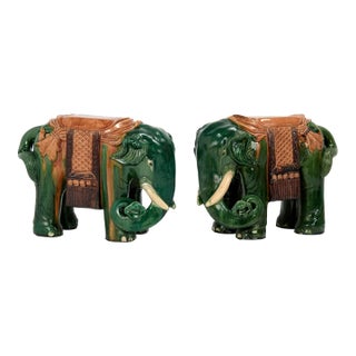 Pair of Vintage Chinese Glazed Terra Cotta Elephant Garden Seats or Stands For Sale