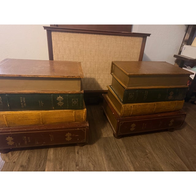 English Pair of Vintage Hollywood Regency Trompe l'Oeil Stacked Book Side Tables With Drawers For Sale - Image 3 of 7