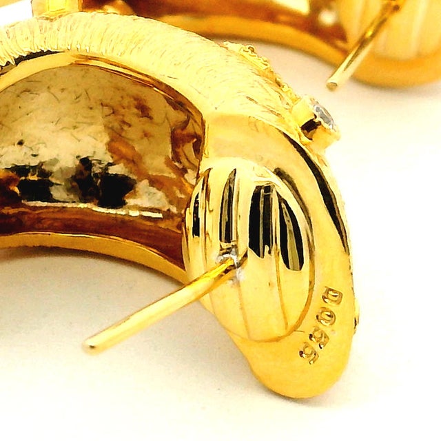 Vintage Brushed Yellow 14K Gold Hoop Earrings with Diamonds For Sale - Image 13 of 14