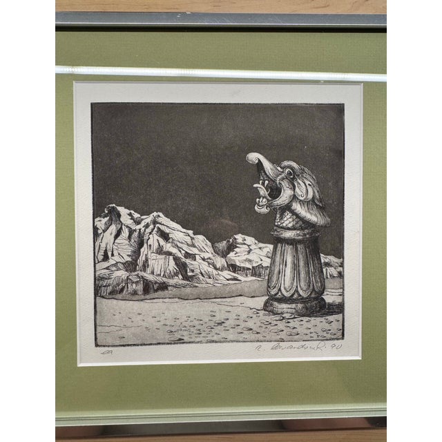 1990s Vintage 1990 Surrealist Ink Drawing in Silver Frame For Sale - Image 5 of 5