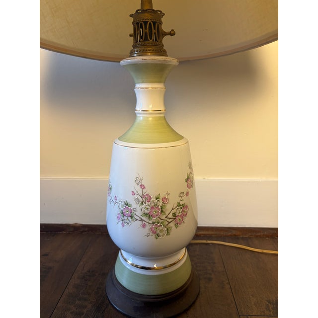 1970s Vintage Sage Green & Ivory Floral Ceramic Table Lamp With Brass Accents For Sale - Image 5 of 6