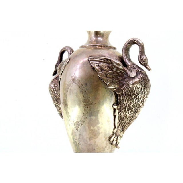 Silver Vases with Appliqués of Geese and Mythical Figures Holding Flower Pots in Relief-Painted Glass, Set of 2 For Sale - Image 6 of 9