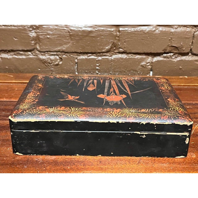 Antique Japanese Lacquer Box Iris Flower & Bird Motif Black Red Gilt For Sale In San Francisco - Image 6 of 8