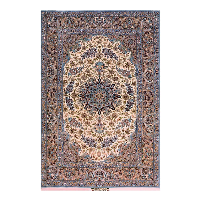 1920s Ivory Medallion Antique Persian Isfahan Carpet 4'11" X 7'3" by Zolfaghari Wool Rug For Sale