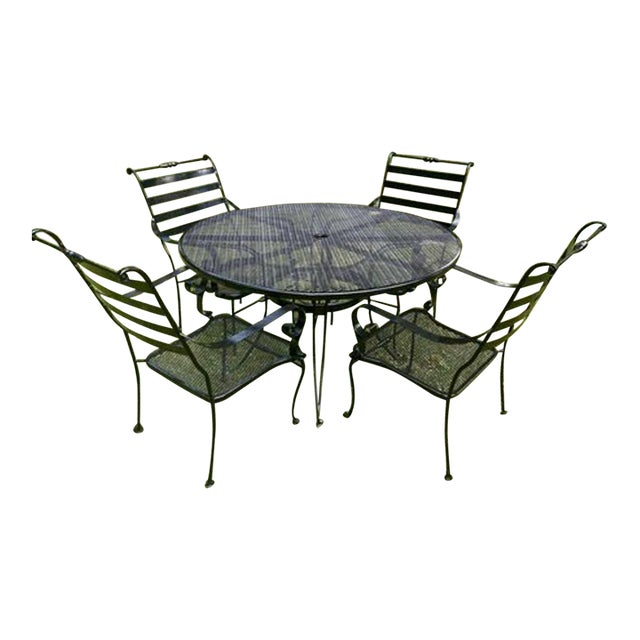 1980s Wrought Iron Patio Table & 4 Decorative Chairs For Sale