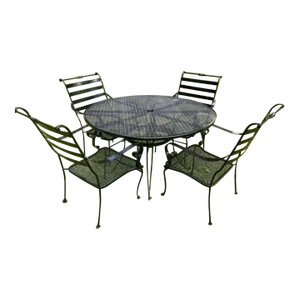1980s Wrought Iron Patio Table & 4 Decorative Chairs