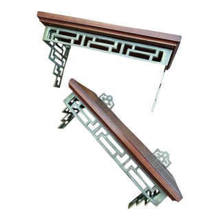 Vintage Pair of Chinoiserie Greek Key Brass and Wood Wall Shelves or Brackets For Sale