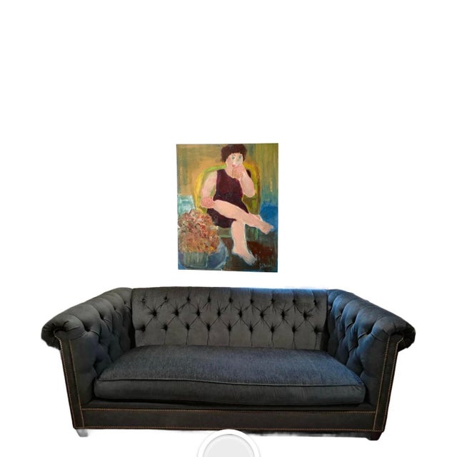 This abstract portrait painting of a seated lady wearing a purple dress with her leg crossed is by self-taught California...