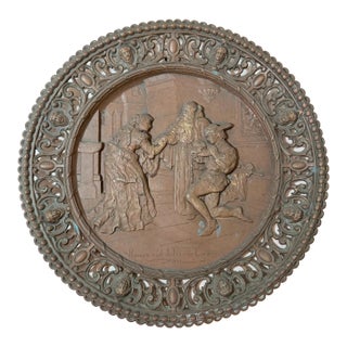 Large Antique Ornate Bronze Patinated Metal Relief Wall Charger Plaque Romeo For Sale