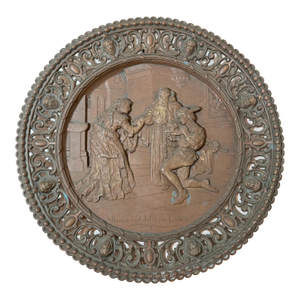 Large Antique Ornate Bronze Patinated Metal Relief Wall Charger Plaque Romeo