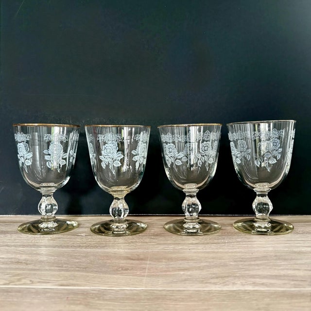A beautiful vintage set of 4 Goblets from the Queen Esther pattern by Libbey, Homer Laughlin, featuring the signature...