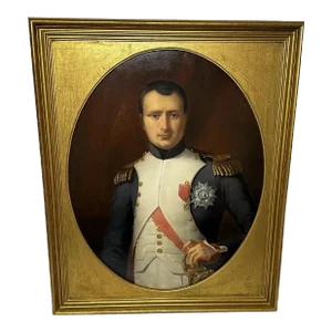 Large 19th Century Oil Painting Military Dress Portrait of Napoleon Bonaparte Wearing the Grand Cross of the Légion D’honneur