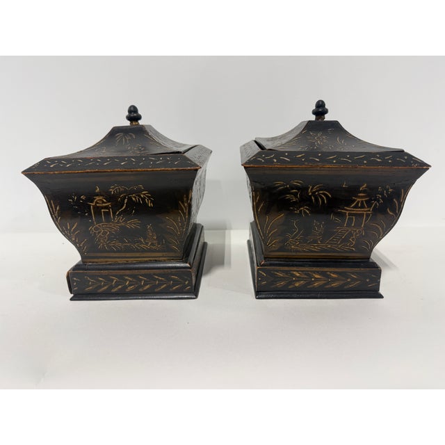 Pair, Japanned Chinoiserie Tea Caddies W/ Sifter Drawers, English C. 1830 For Sale - Image 12 of 12
