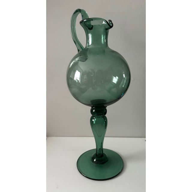 Rare 1930s–1940s Empoli Verde Italian Hand-Blown Glass Pedestal Ewer For Sale - Image 12 of 12