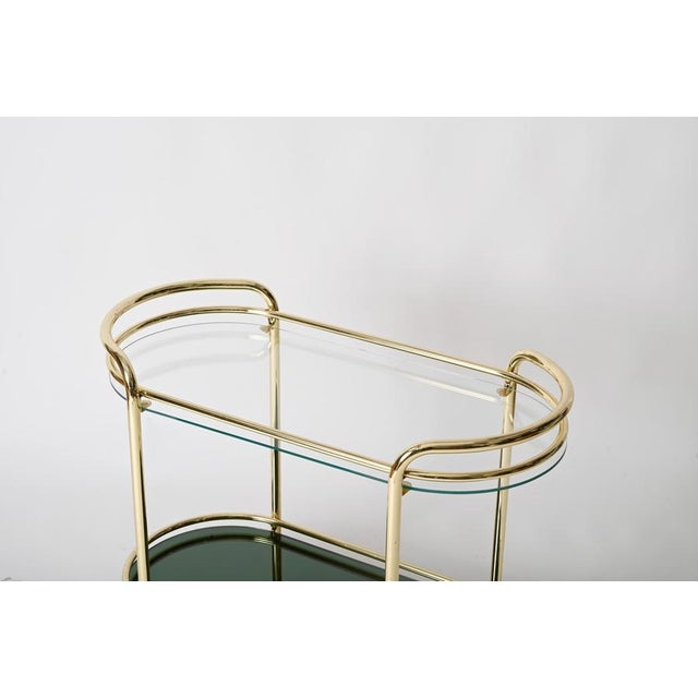 Metal Mid-Century Italian Serving Bar Cart in Gilt Metal and Green Mirror Glass, 1970s For Sale - Image 7 of 10