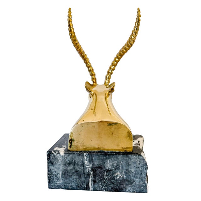 1970s Hollywood Regency Brass Gazelle / Antelope Head Bookends on Raw Edge Marble Bases - A Pair For Sale - Image 10 of 12