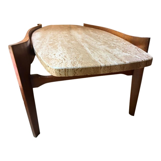Mid-Century Walnut Surfboard Travertine Coffee Table For Sale