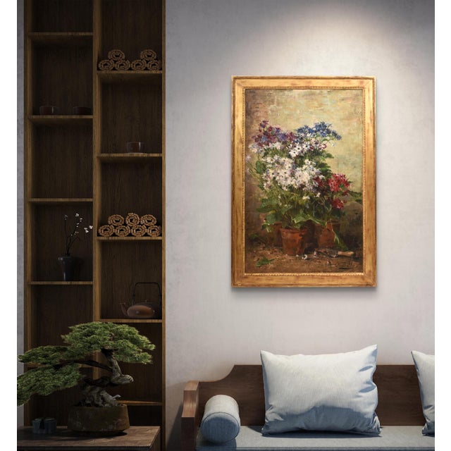 These antique floral still life paintings present a refined and elegant 19th-century oil on canvas, of Belgian antiquity....