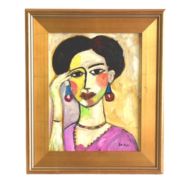 2020s Woman Portrait Oil Painting by the Talented Ruth Arenz Including the Antiqued Gold Wood Frame For Sale - Image 5 of 8