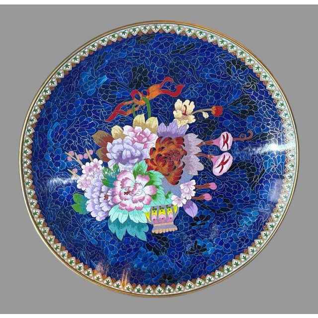 Metal Antique 20" Inlay Chinese Enameled Cloisonne Charger With Floral Bouquet For Sale - Image 7 of 7