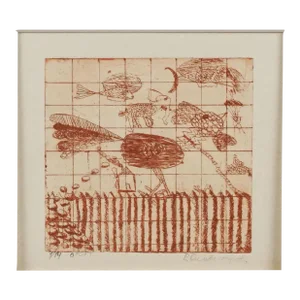 Bird on a Fence, Abstract Expressionist Miniature Etching by R. Silvestrov