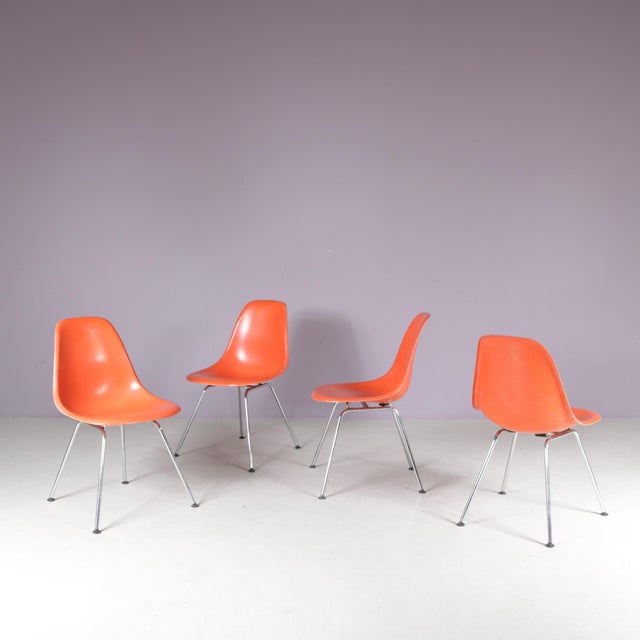 Herman Miller Dining Chairs in Orange Fiberglass by Charles & Ray Eames for Herman Miller, USA, 1960s, Set of 4 For Sale - Image 4 of 9