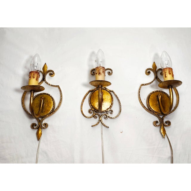 Wrought Iron and Gold Leaf Wall Lights, 1960s, Set of 3 For Sale - Image 13 of 13