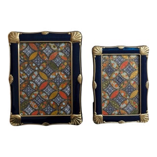 1990s Glam Gold Seashell and Sapphire Blue Picture Frames, Set of 2 For Sale