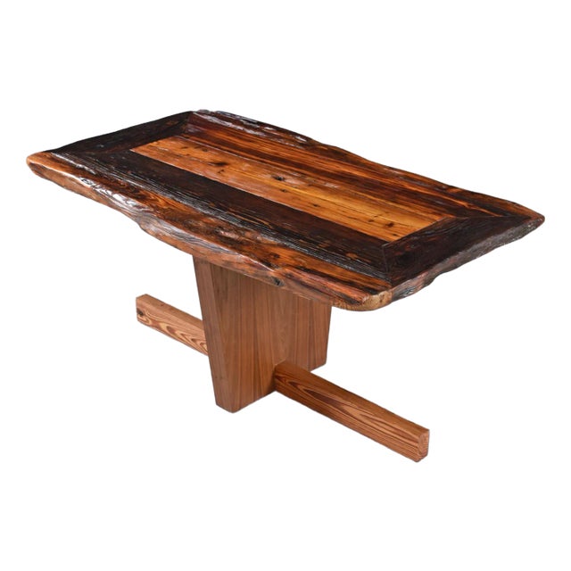 Custom Made Lived Edge Heart of Pine Slab Coffee Table on Modern Wood Base For Sale