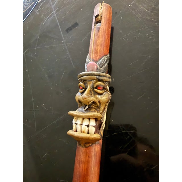 African 1900s Primitive Native Bamboo Totem 15" Flute With Totem Face/Real Teeth Semi-Precious For Sale - Image 3 of 5