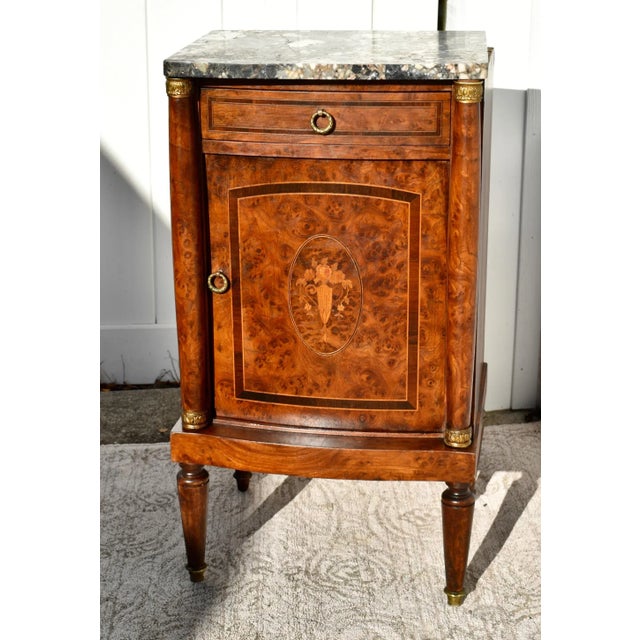 Antique French Inalid BurlWood Marble Top Cabinet/Stand W/Brass Mounts For Sale - Image 10 of 13