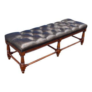 Large Scale Ralph Lauren Style Tufted Black Leather and Mahogany Bench For Sale