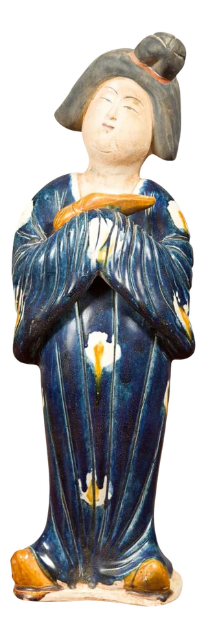 Small Chinese Statue of a Court Lady Wearing Blue Kimono and Holding a Baby