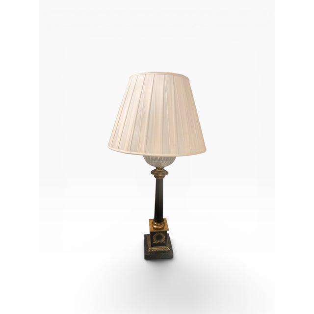 Stone Mid 20th Century Pair of Neoclassical Empire Style Crystal Oil Font Marble & Gilt Bronze Table Lamps For Sale - Image 7 of 10