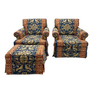 Vintage Blue Swivel Club Chairs and Ottoman - a Pair For Sale