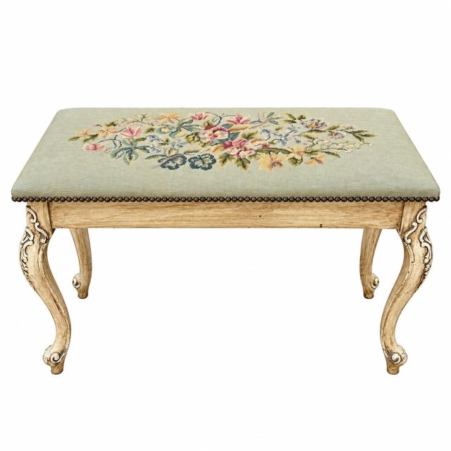 French Antique French Louis XV Style Carved Wood Bench With Floral Needlepoint Seat For Sale - Image 3 of 5