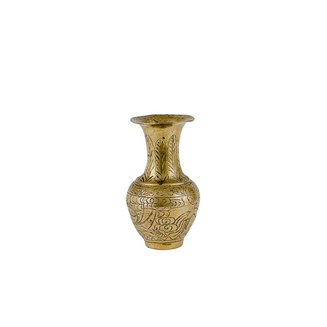 Chinese Pair of Vintage Chinese Etched Brass Vases For Sale - Image 3 of 11
