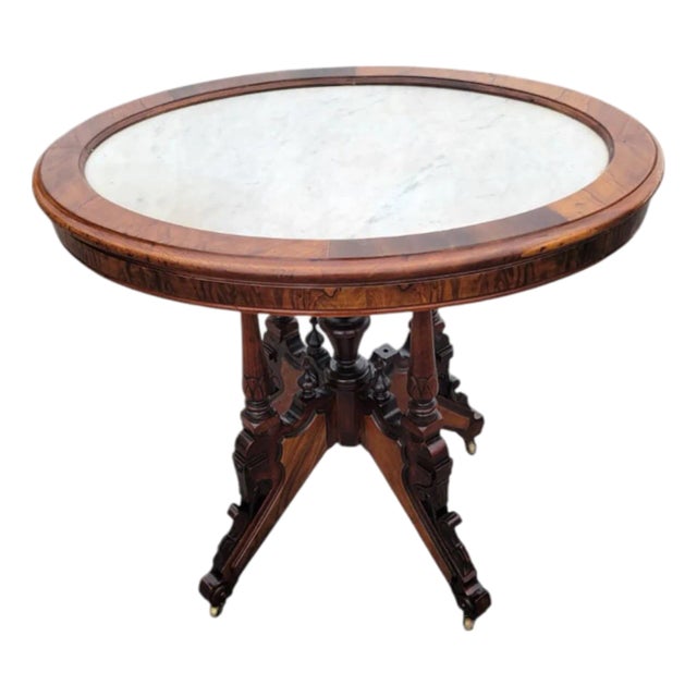 19th C American Victorian Walnut Marble Top Parlor Center Table Antique For Sale