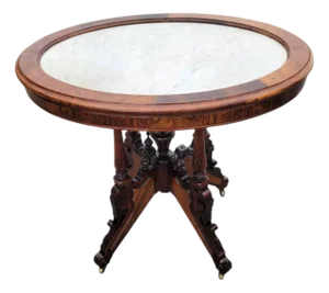 19th C American Victorian Walnut Marble Top Parlor Center Table Antique
