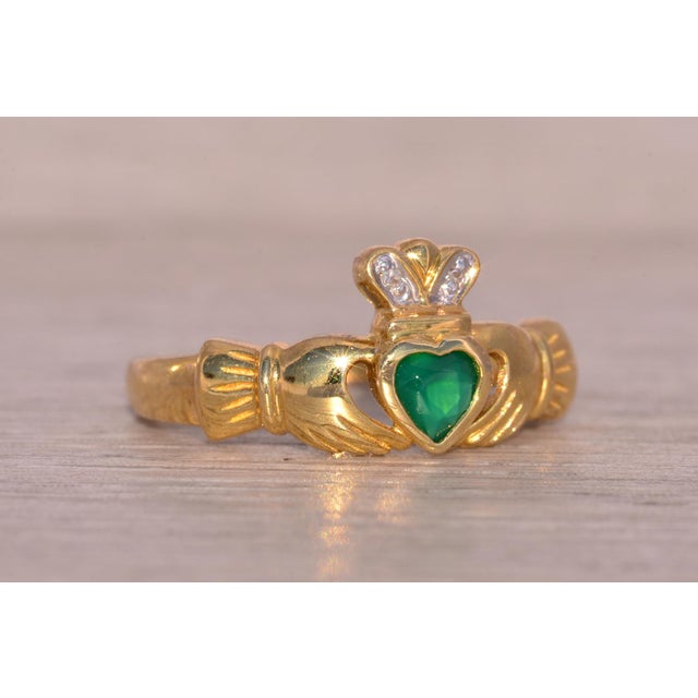 Gold The Balbriggan: Irish Made Designer Signed Green Agate and Natural Diaaond Claddagh Ring For Sale - Image 8 of 11